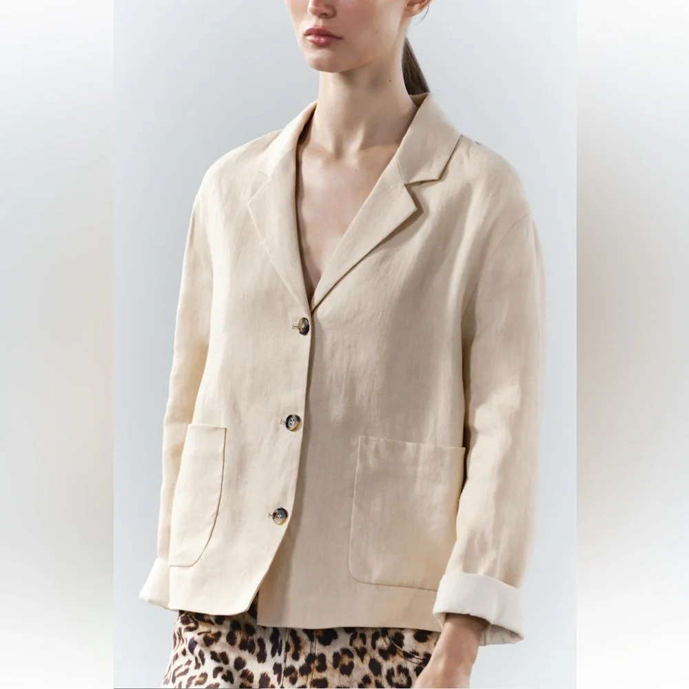 Zara 100% Linen Blazer Jacket Coat Beige Cream Neutral ZW Collection lined S NWT - Picture 2 of 16